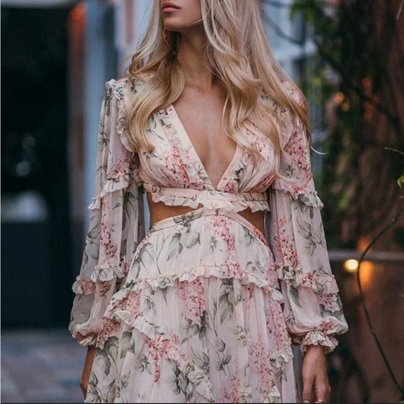 Floral Ruffle Cutout Dress - Picture 2 of 10
